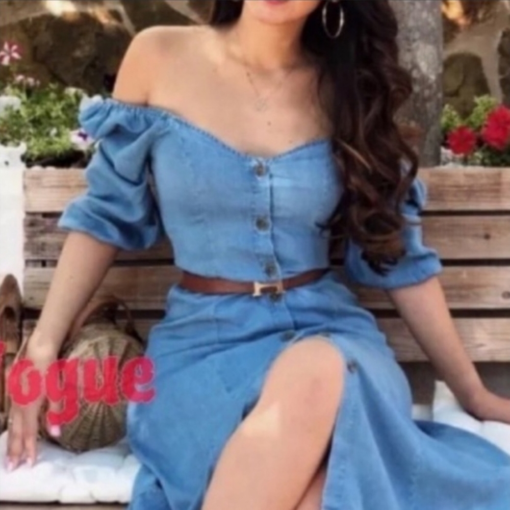 Zara Chambray Off Shoulder Midi Dress Bell Sleeves |Size XS | Bloggers Favorite - Picture 3 of 12